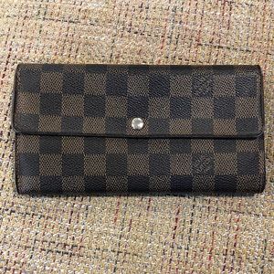 LOUIS VUITTON Damier Ebene Brown Black Full Length Sarah Wallet Organizer AUTH